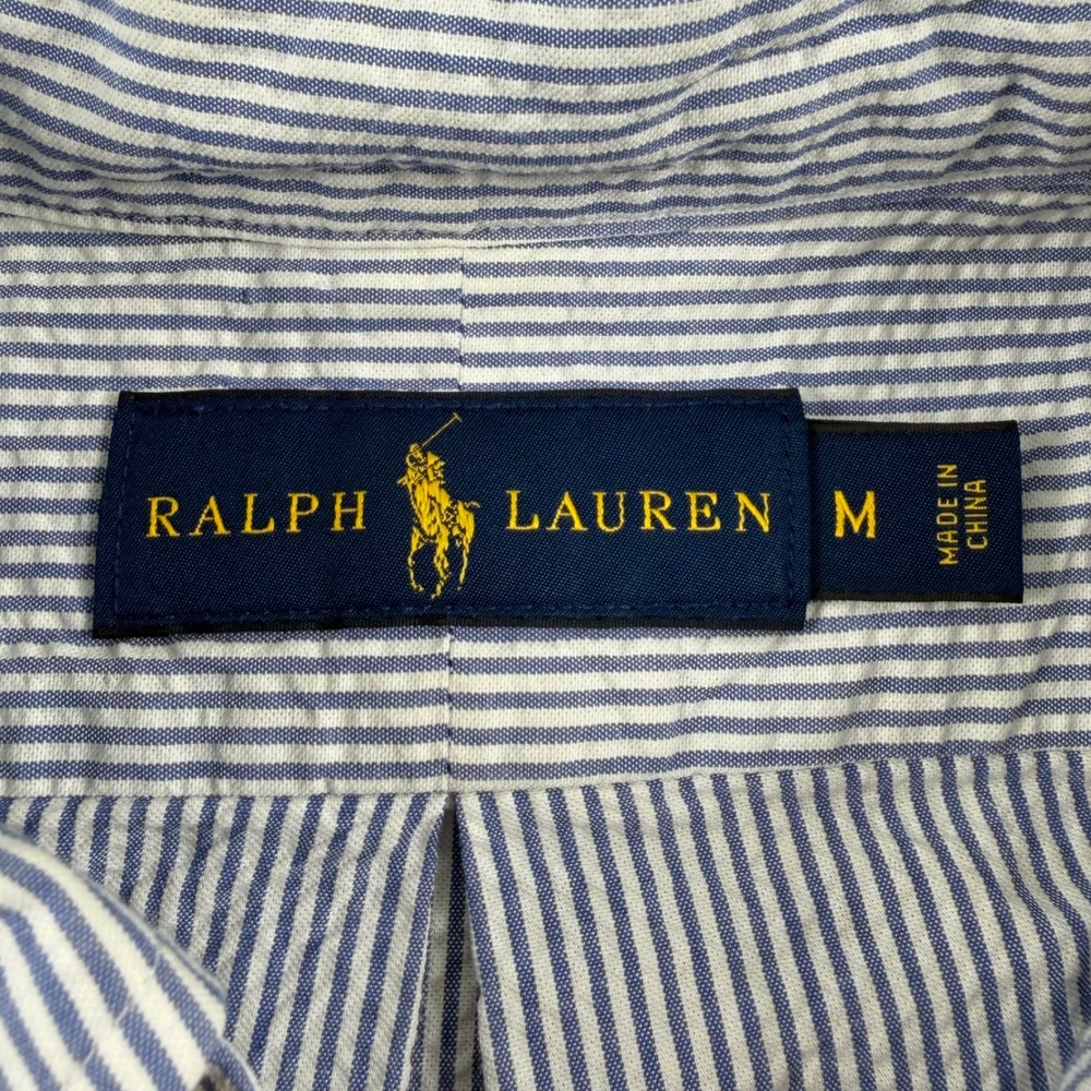 Ralph Lauren Button Down Shirt Mens M Blue Seersucker Striped Short Sleeve Pony - Picture 2 of 6